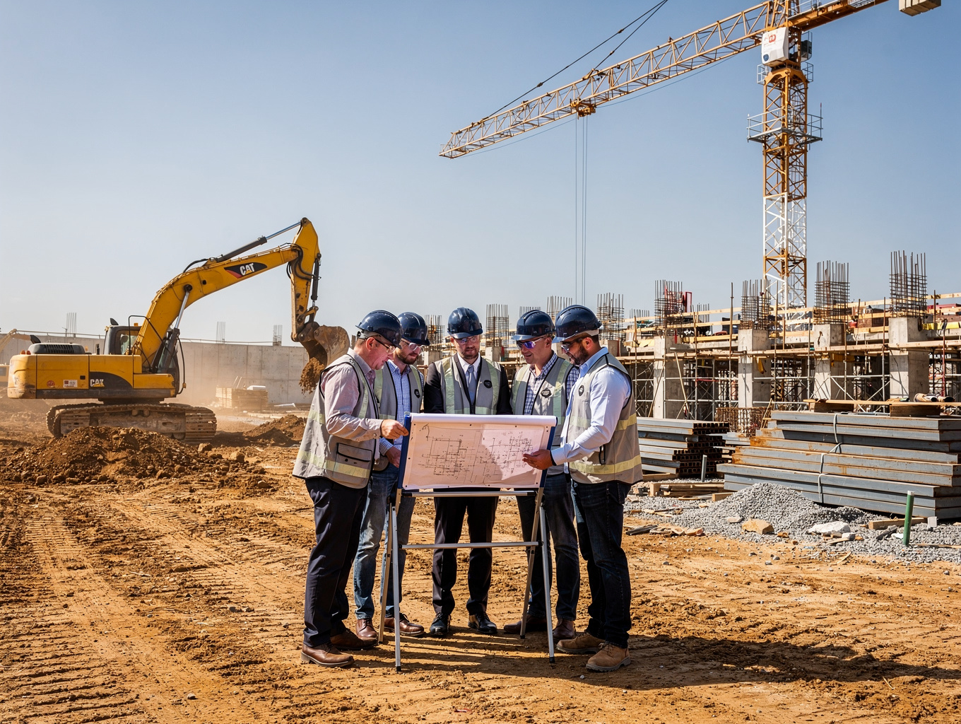 مهندسون يراجعون المخططات الهندسية والمواصفات الميدانية في موقع صناعي